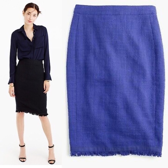 J. Crew Tweed Fringe Pencil Skirt Azure Blue 2 - Picture 1 of 7